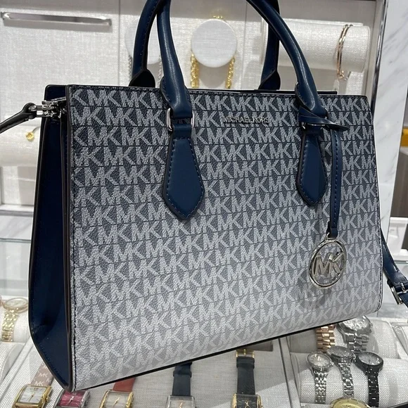 MICHAEL KORS Sheila Medium Ombré Signature Logo CZ Satchel Crossbody 
Navy 
NWT - Picture 4 of 16